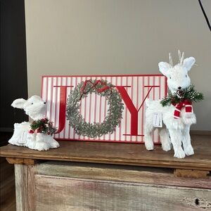 Festive White Reindeer and Metal Joy Sign Set NWT